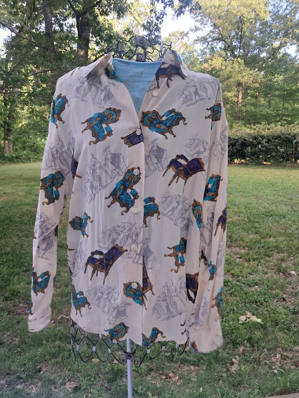 Sunny Leigh Ivory Button-Down Shirt with Teal & Navy Chair Print